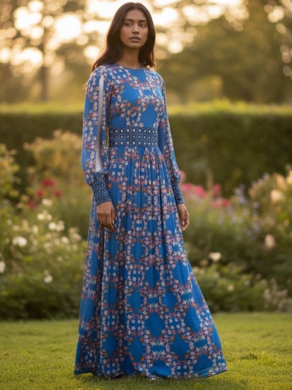 Sandro Royal Blue Floral Print Eyelet Waist& Cuffs Long Sleeve Midi Dress/38/ Nw